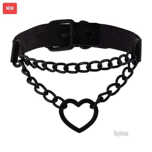 Jewelry - Adjustable Heart Chain Choker Necklace, Gothic Punk Style, Zinc Alloy & PU